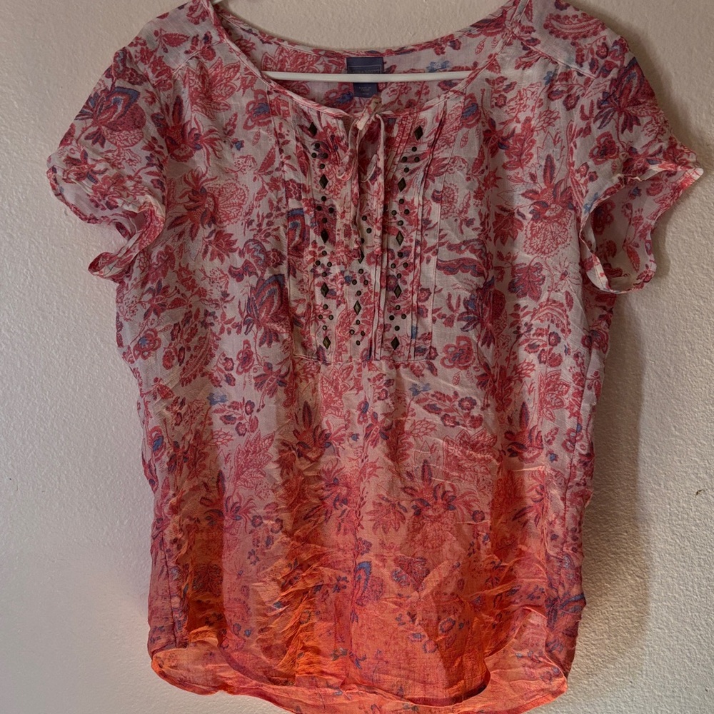 Laura Scott Woman’s Pink and White Floral Tie-Front Short Sleeve Tunic, Size M